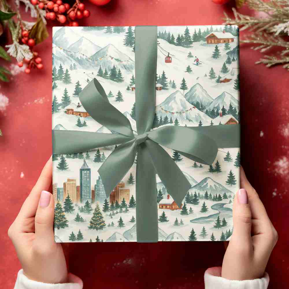 Holiday gift wrap featuring Swiss Alps landscape with hand-painted details and a matte finish.