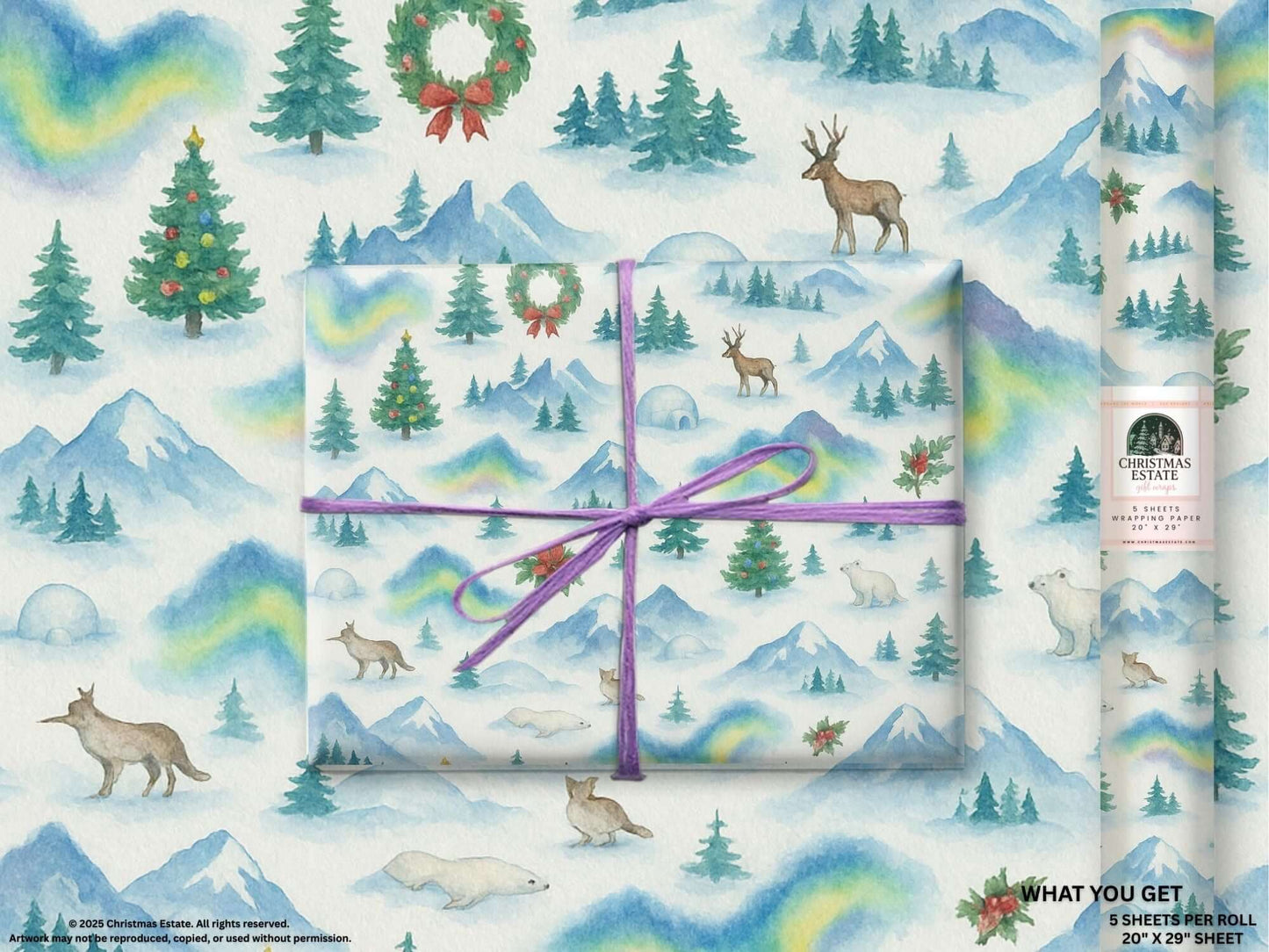 Luxury Christmas wrapping paper featuring arctic wildlife and vibrant watercolor mountains, perfect for holiday gift wrap.