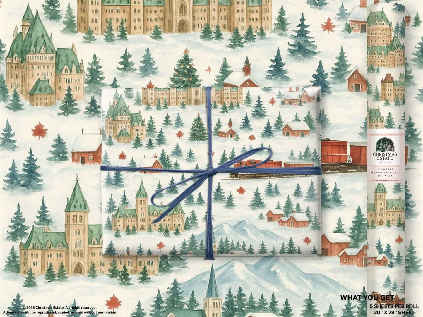 Luxury Christmas wrapping paper featuring a watercolor winter village scene with snow, pines, and trains.