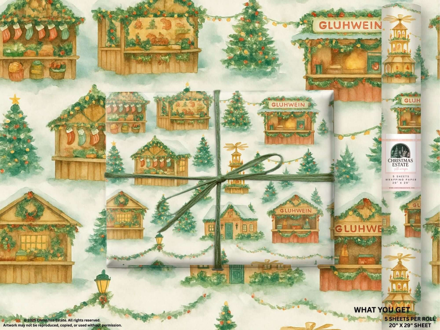 Luxury Christmas wrapping paper featuring watercolor German market stalls and Glühwein stands on a snowy backdrop.