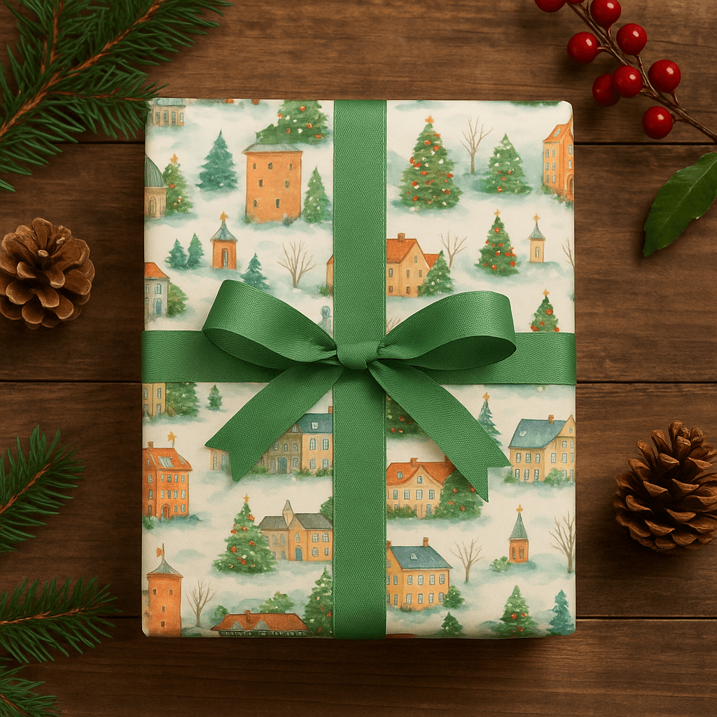 Luxury Christmas wrapping paper featuring quaint watercolor village scenes and festive trees, elegantly tied with a green ribbon.