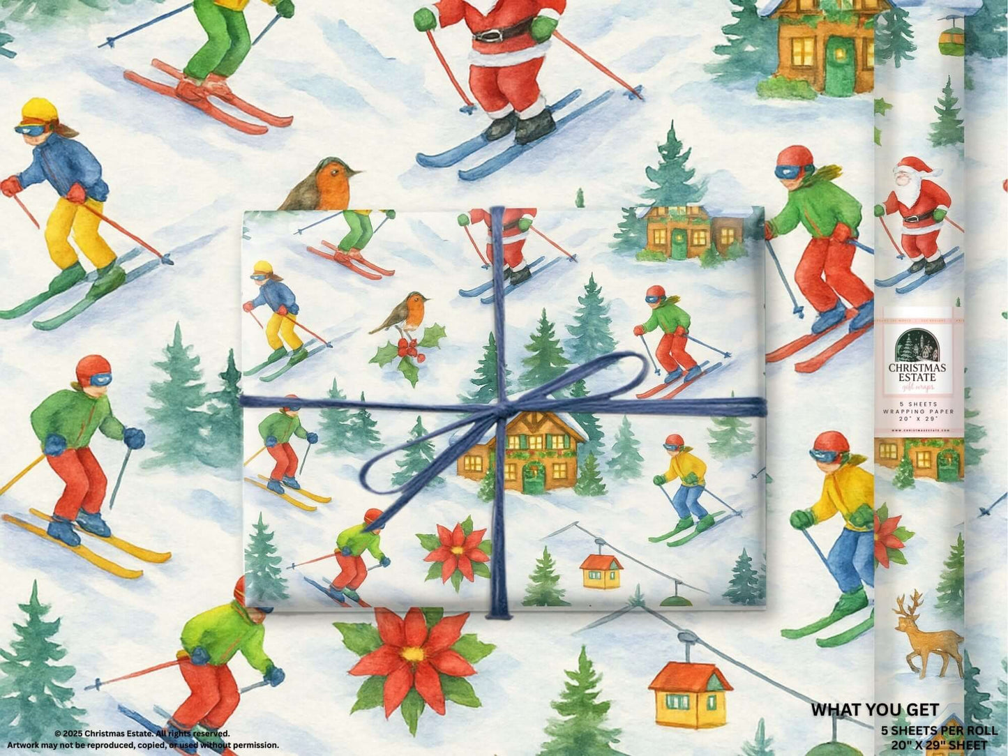 Luxury Christmas wrapping paper featuring watercolor skiers, Santa, and festive alpine scenery.