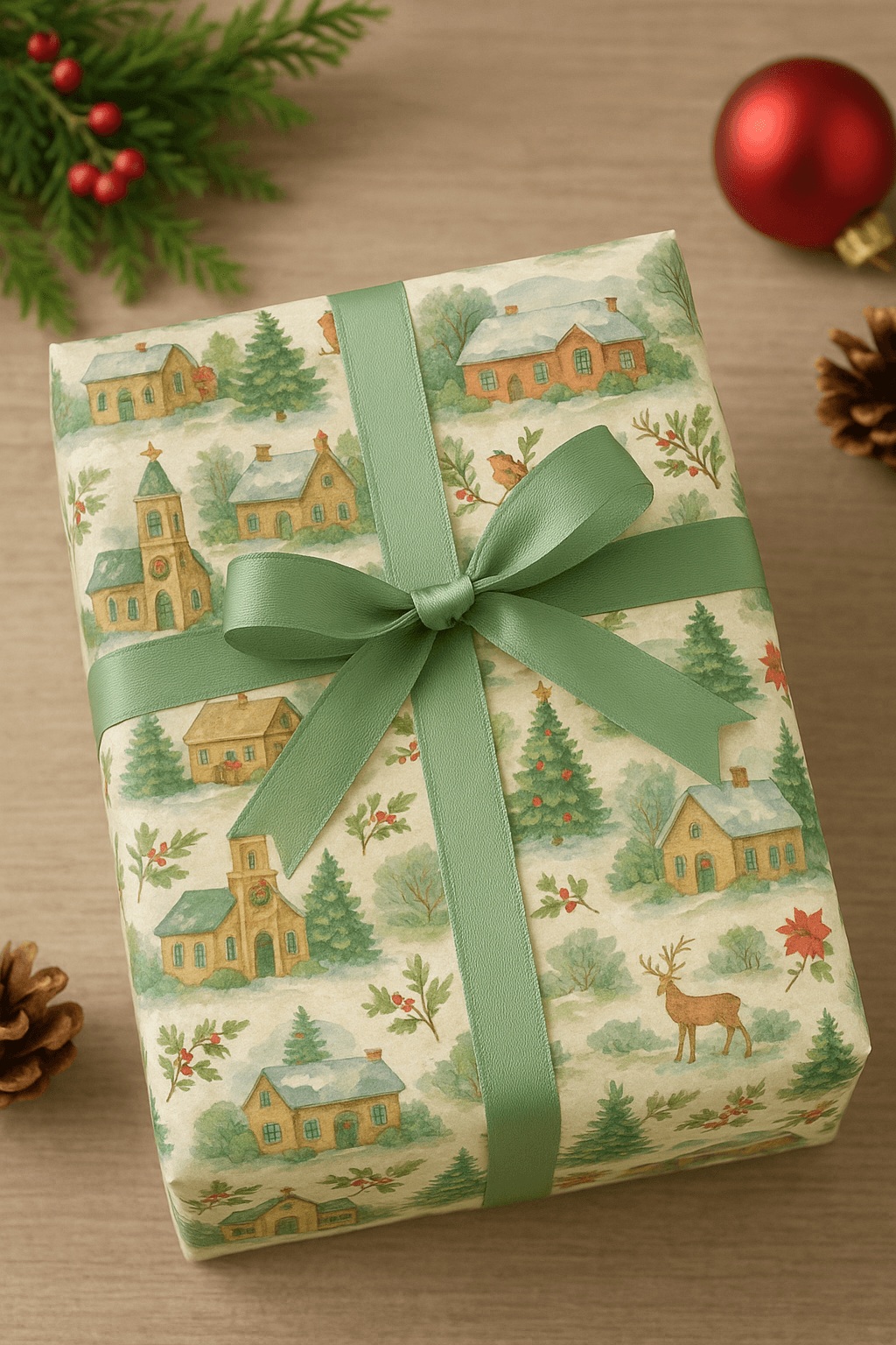 Luxury Christmas wrapping paper with watercolor villages, evergreen trees, and festive accents in a gift-wrapped style.