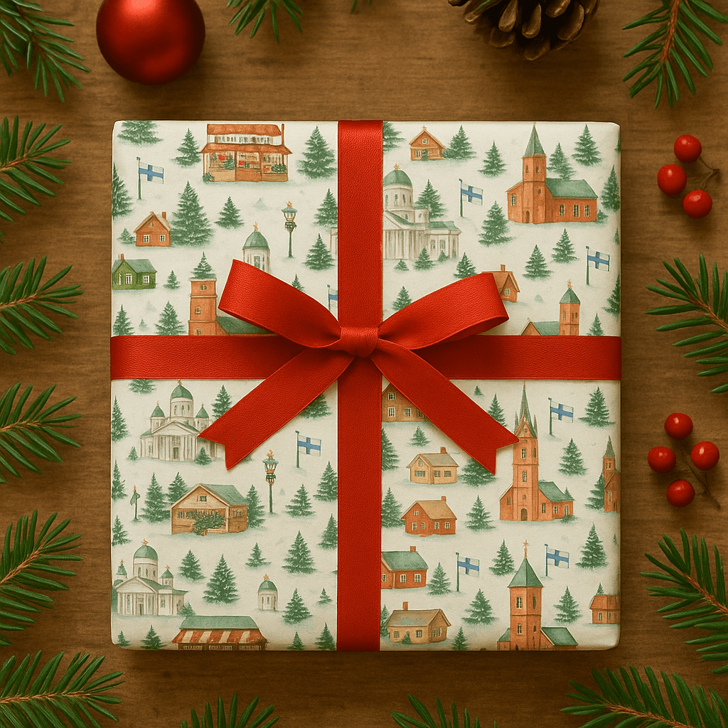 Luxury Christmas wrapping paper featuring charming Finnish village scenes in watercolor design, complemented by a red ribbon.