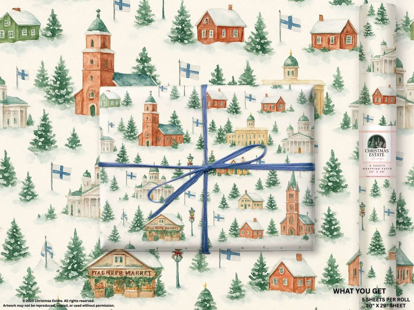 Nordic winter watercolor wrapping paper featuring Finnish landscapes, cozy cabins, and holiday trees.