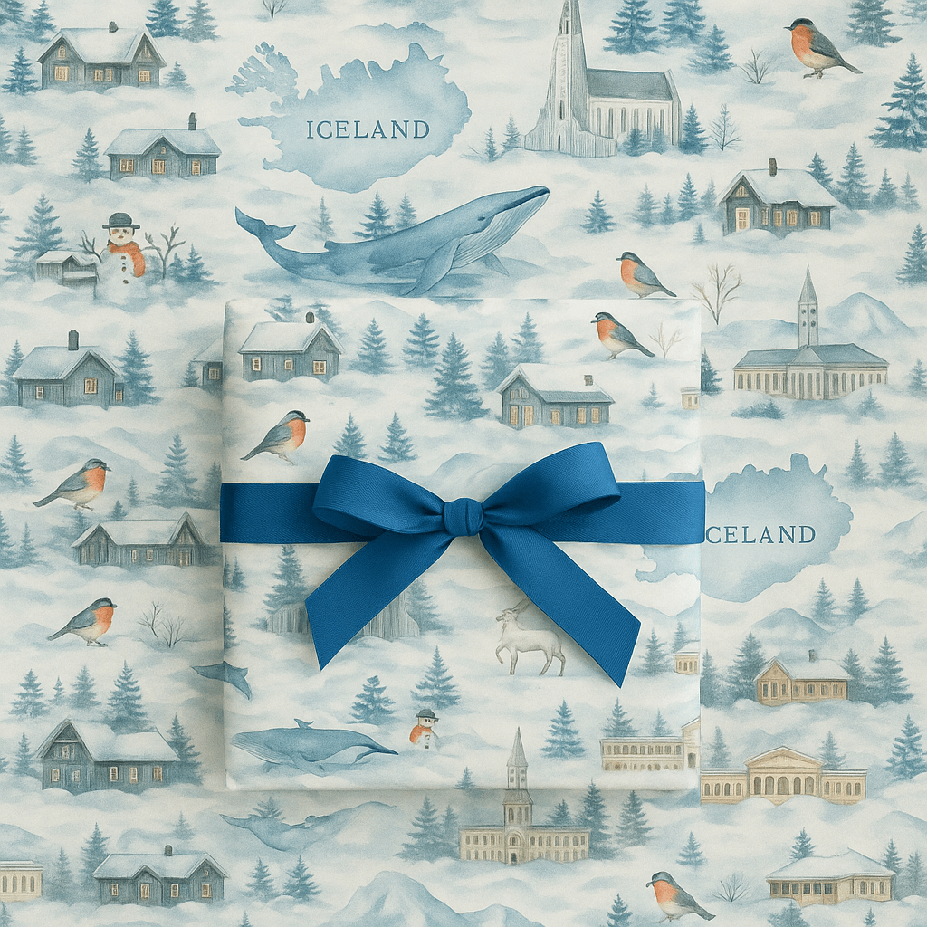 Luxury Iceland Christmas wrapping paper featuring watercolor landscapes, birds, and quaint villages, perfect for holiday gift wrap.