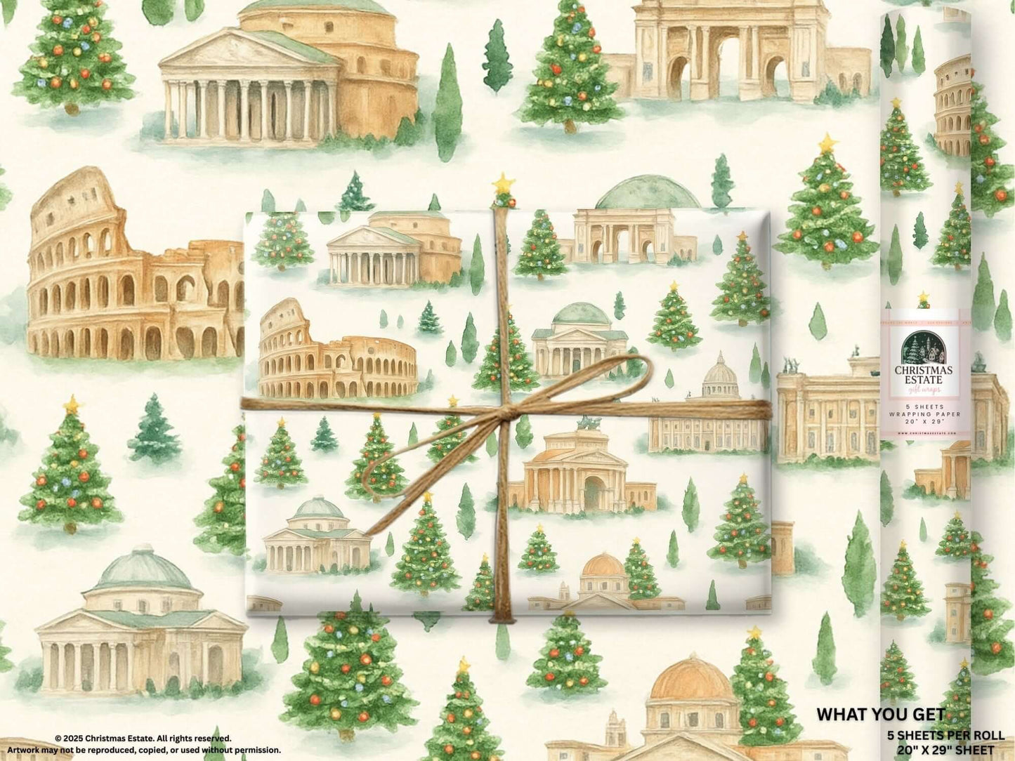 Luxury Christmas wrapping paper featuring watercolor Rome landmarks surrounded by festive trees.