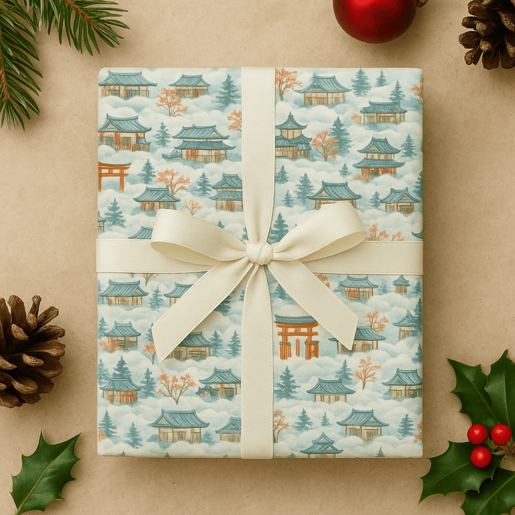 Luxury Christmas wrapping paper featuring watercolor snowy Japanese landscape, traditional temples, and elegant bow.