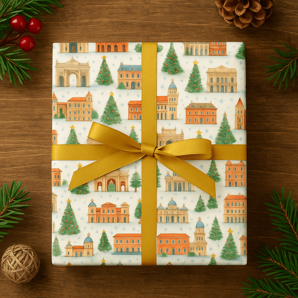 Luxury Christmas wrapping paper featuring Madrid's landmarks in watercolor design with festive trees and a gold ribbon.