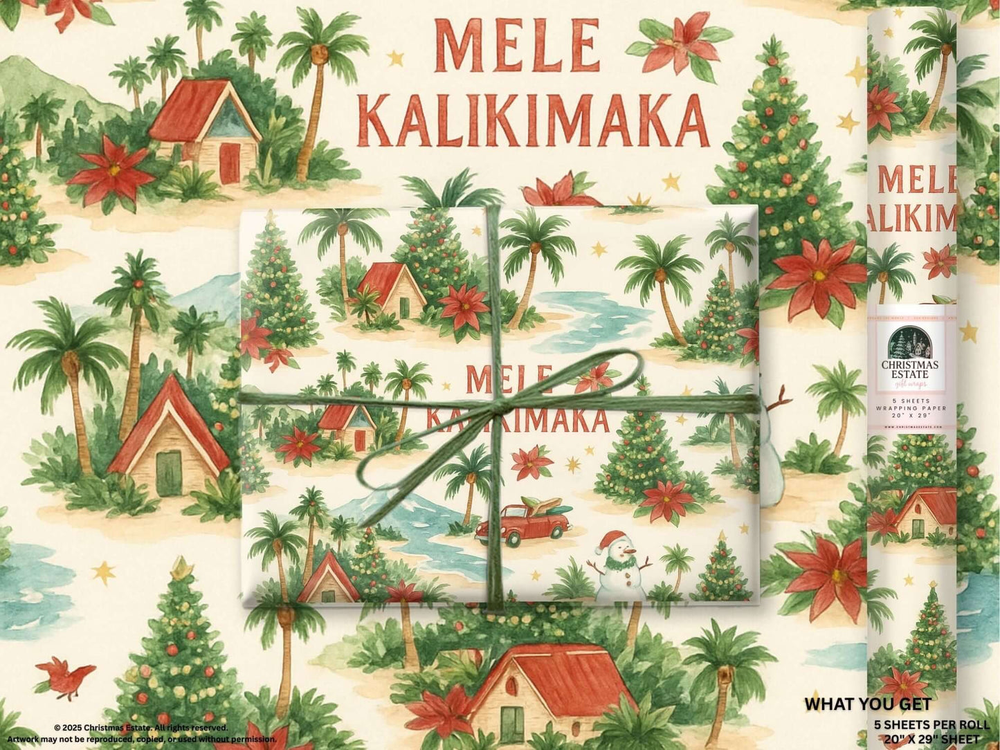 Mele Kalikimaka Christmas wrapping paper featuring tropical palm trees and cheerful poinsettias in a watercolor design.