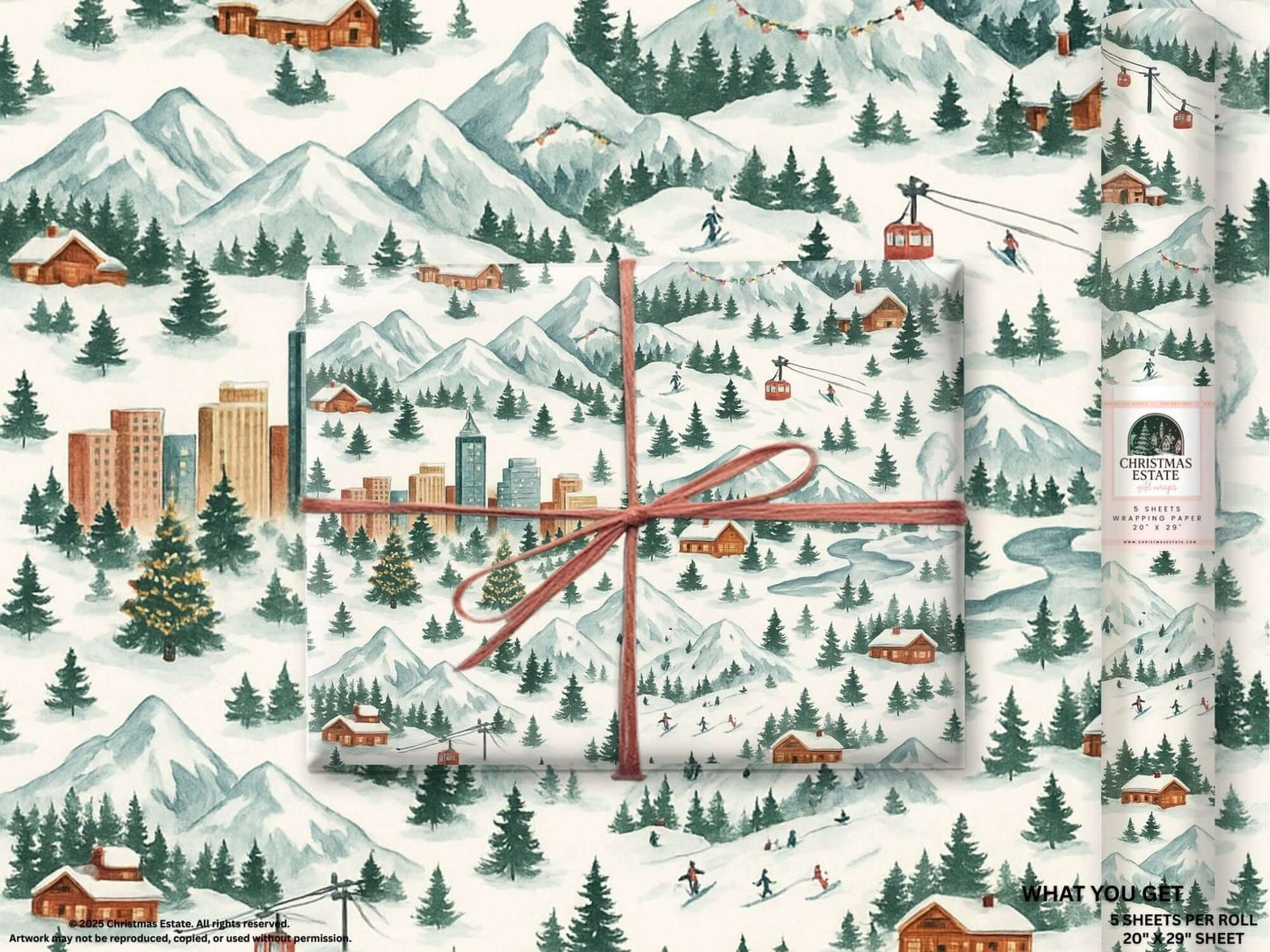 Luxury Christmas wrapping paper featuring hand-painted watercolor mountains, ski chalets, and gondolas in a winter wonderland design.