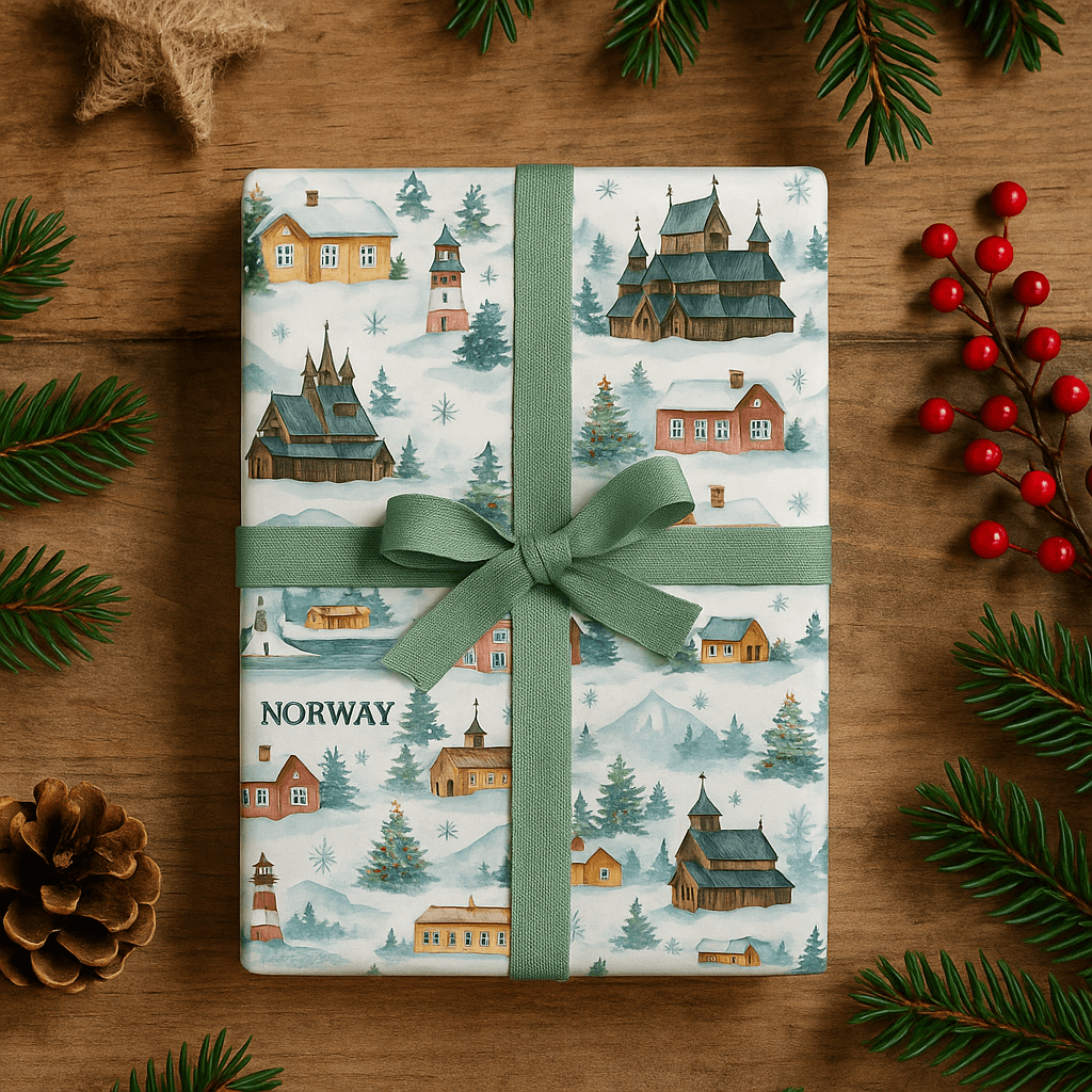 Luxury Christmas wrapping paper featuring watercolor Norwegian village scenes and evergreen details.