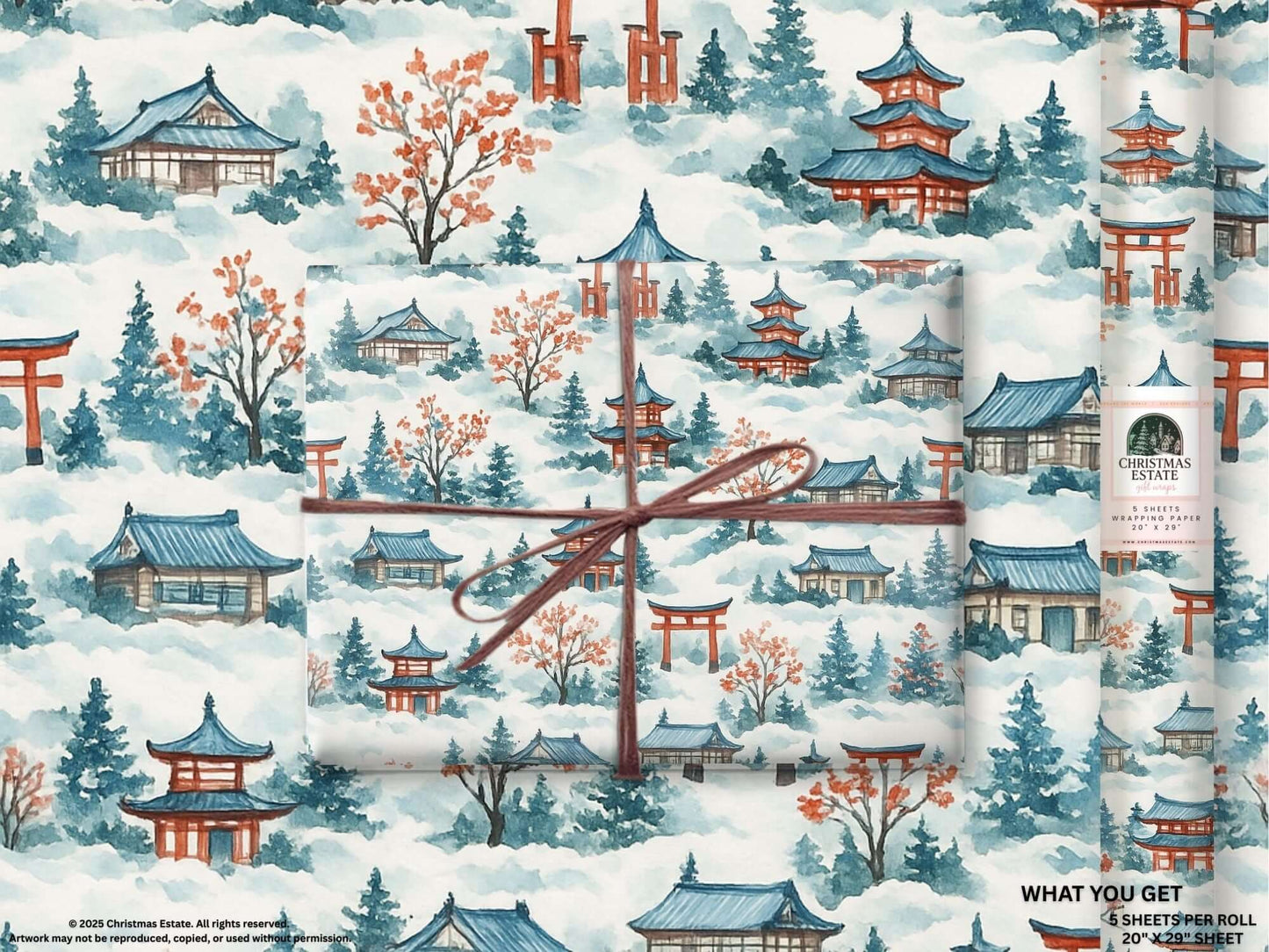 Osaka Japan winter wrapping paper with watercolor design featuring snowy landscapes and traditional architecture.