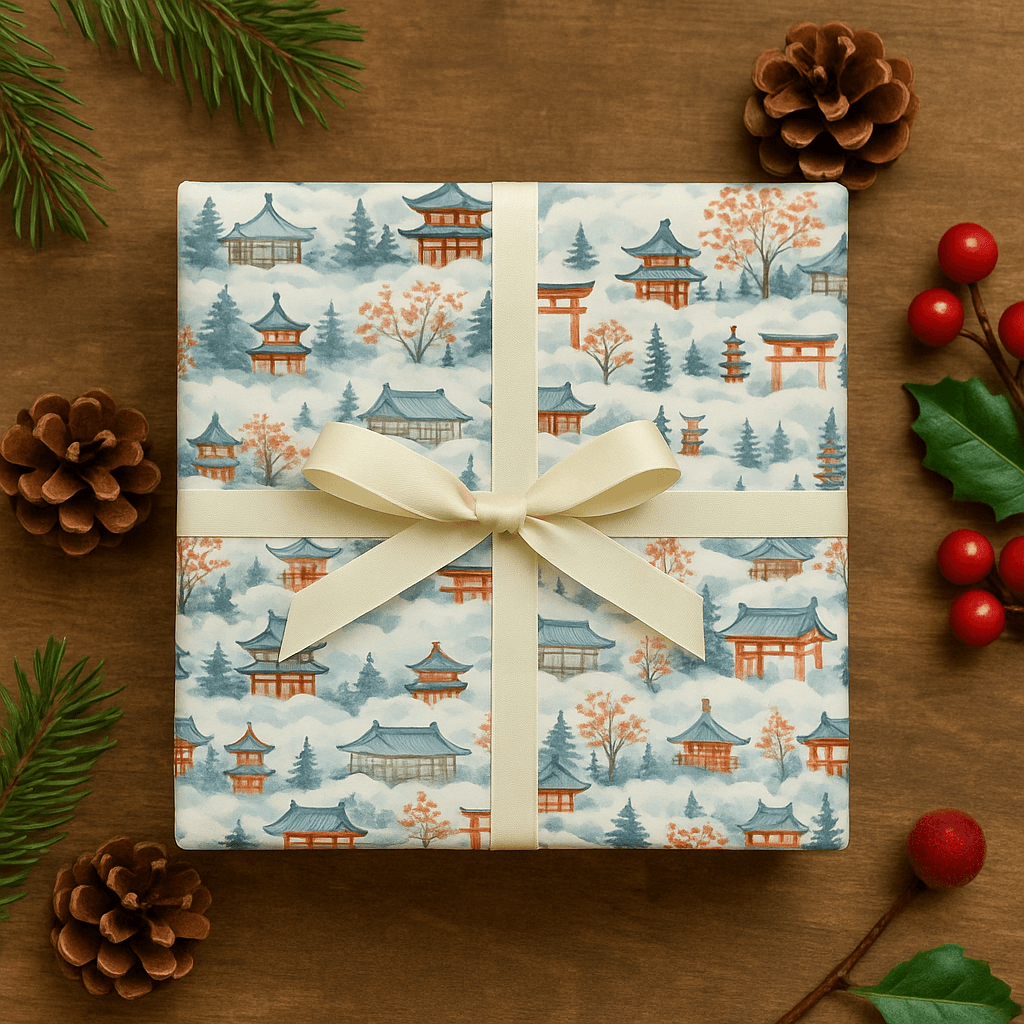 Luxury Christmas wrapping paper featuring watercolor Japanese pagodas and snowy landscapes, perfect for holiday gift wrap.