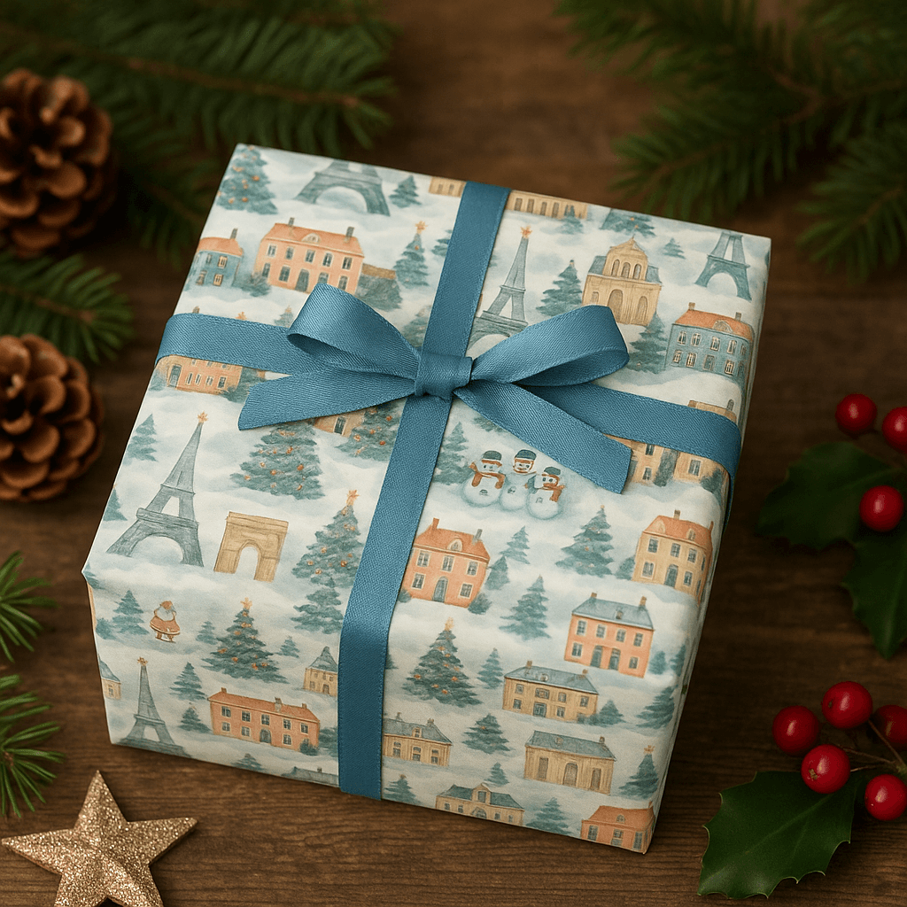 Luxury Christmas wrapping paper featuring Parisian landmarks in watercolor design, perfect for holiday gift wrap.