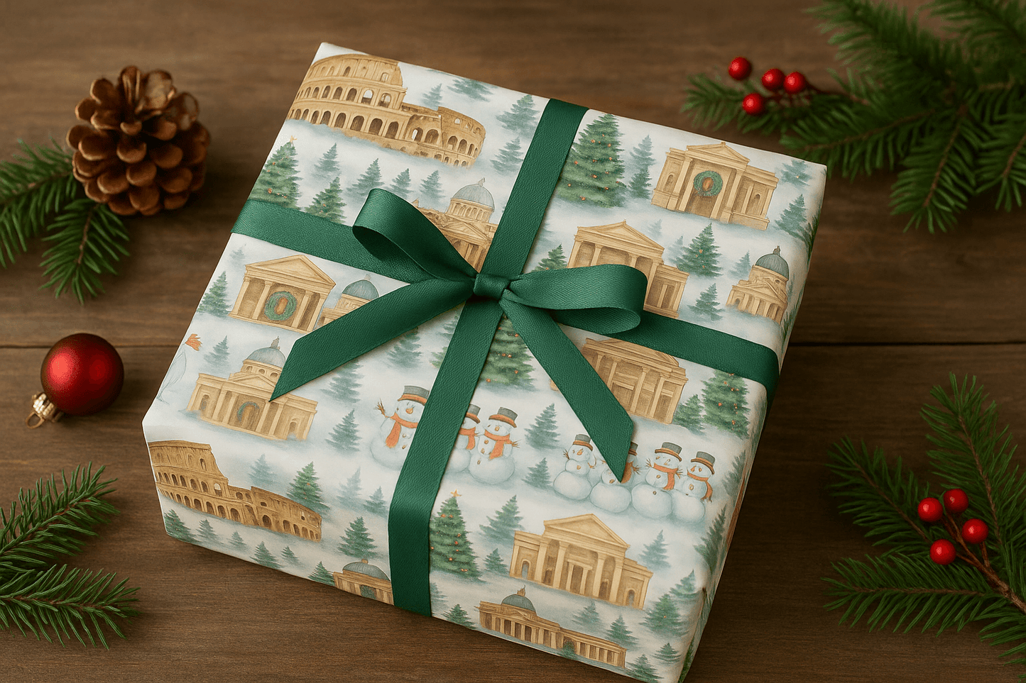 Luxury Christmas wrapping paper featuring watercolor landmarks of Rome, beautifully styled with a green ribbon.