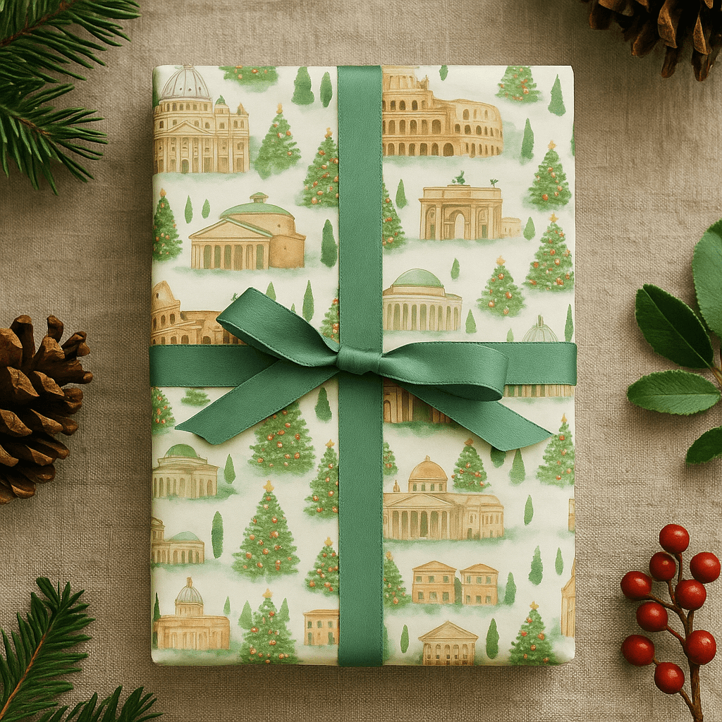 Luxury Christmas wrapping paper featuring watercolor illustrations of iconic Roman landmarks and festive trees.