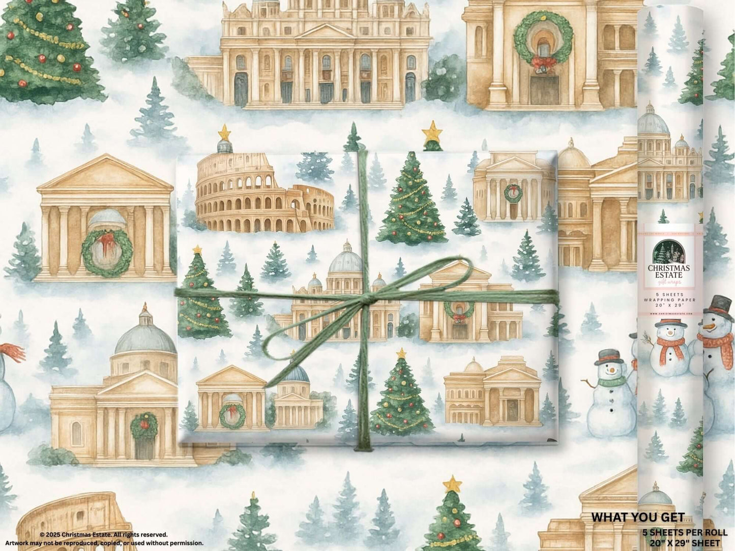 Luxury Christmas wrapping paper featuring watercolor illustrations of Rome's landmarks and festive holiday details.