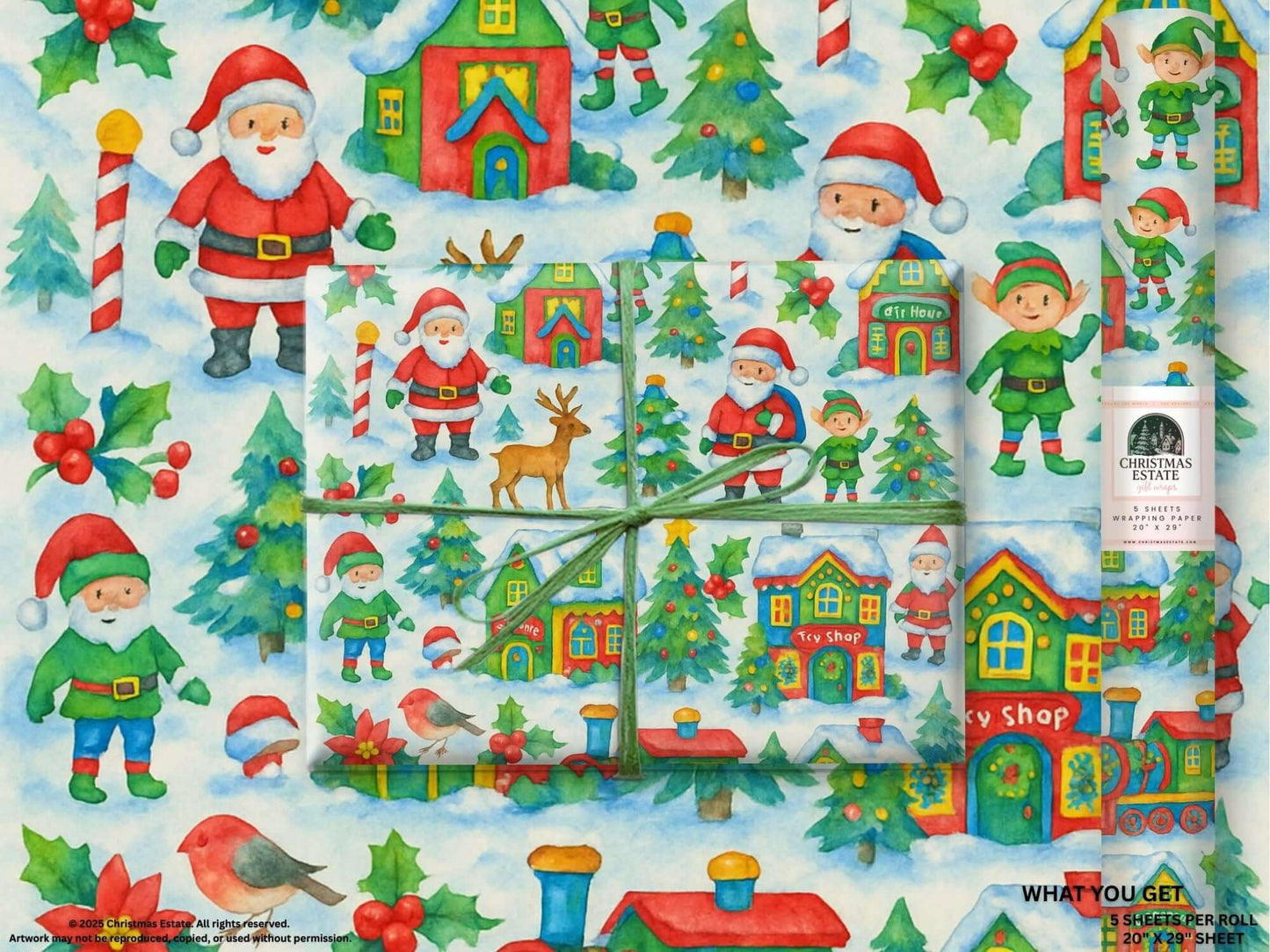 Luxury Christmas wrapping paper featuring Santa, elves, and holiday cottages in a vibrant watercolor design.