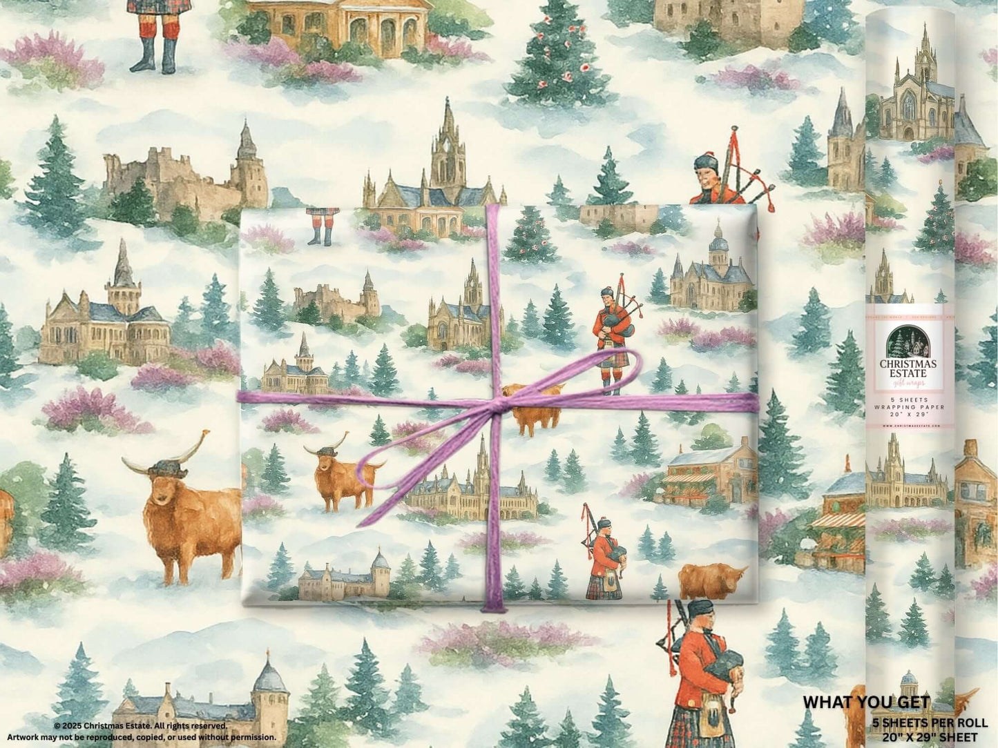 Luxury Christmas wrapping paper showcasing Scottish landscapes in watercolor, featuring cows and historic castles.