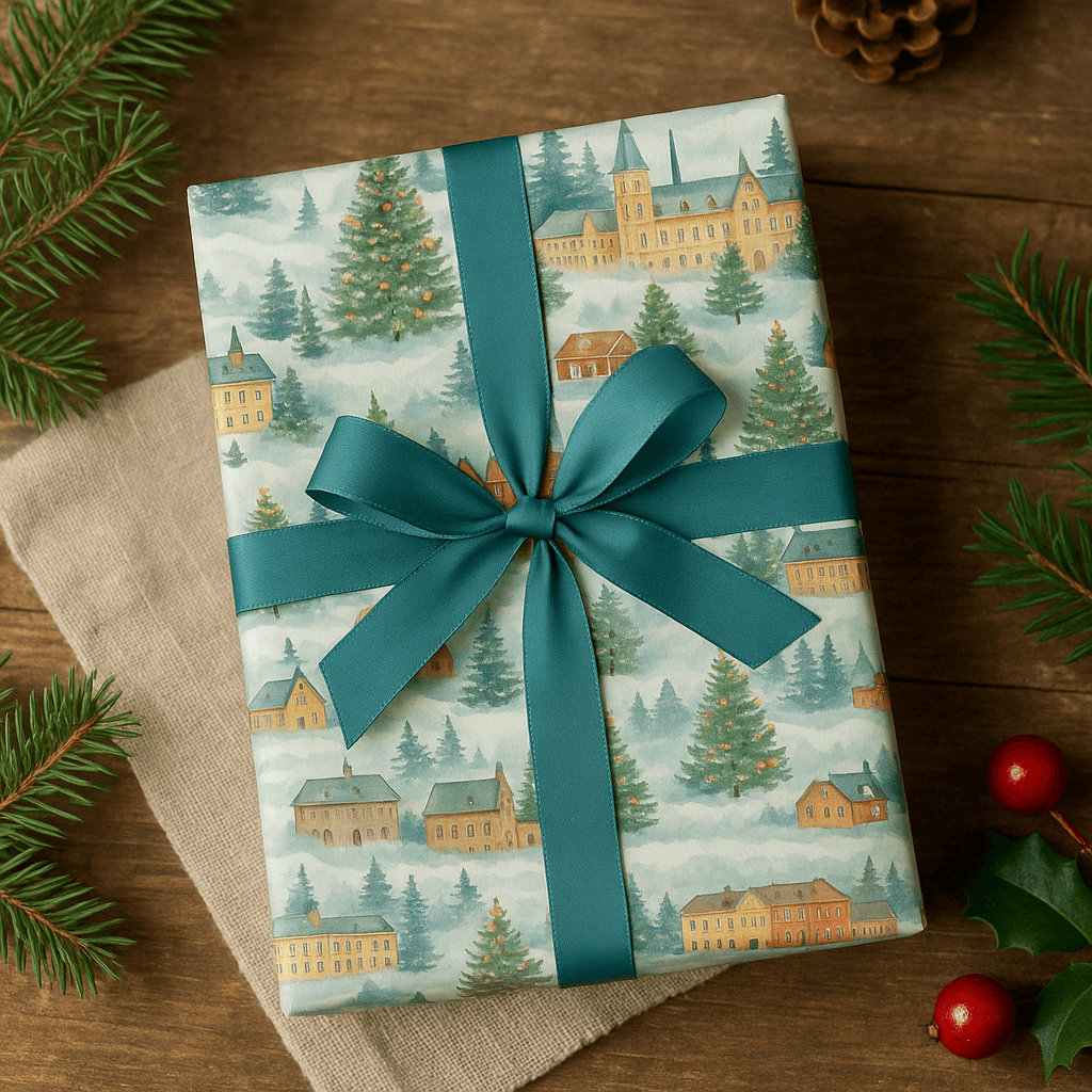 Luxury Christmas wrapping paper featuring a watercolor design of cozy villages and trees, beautifully gift-wrapped with a teal ribbon.