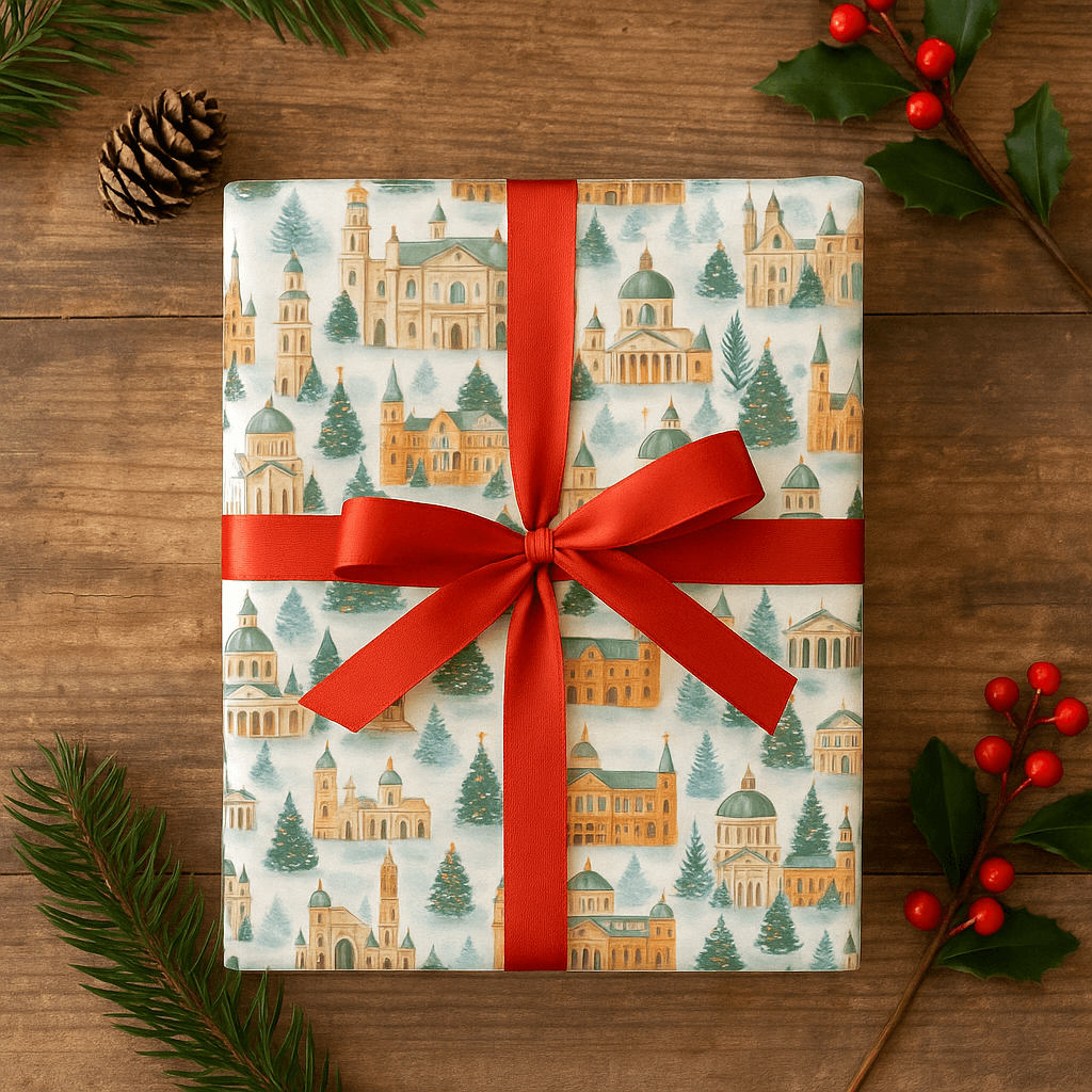 Luxury Christmas wrapping paper featuring watercolor Venice landmarks decorated with festive elements.