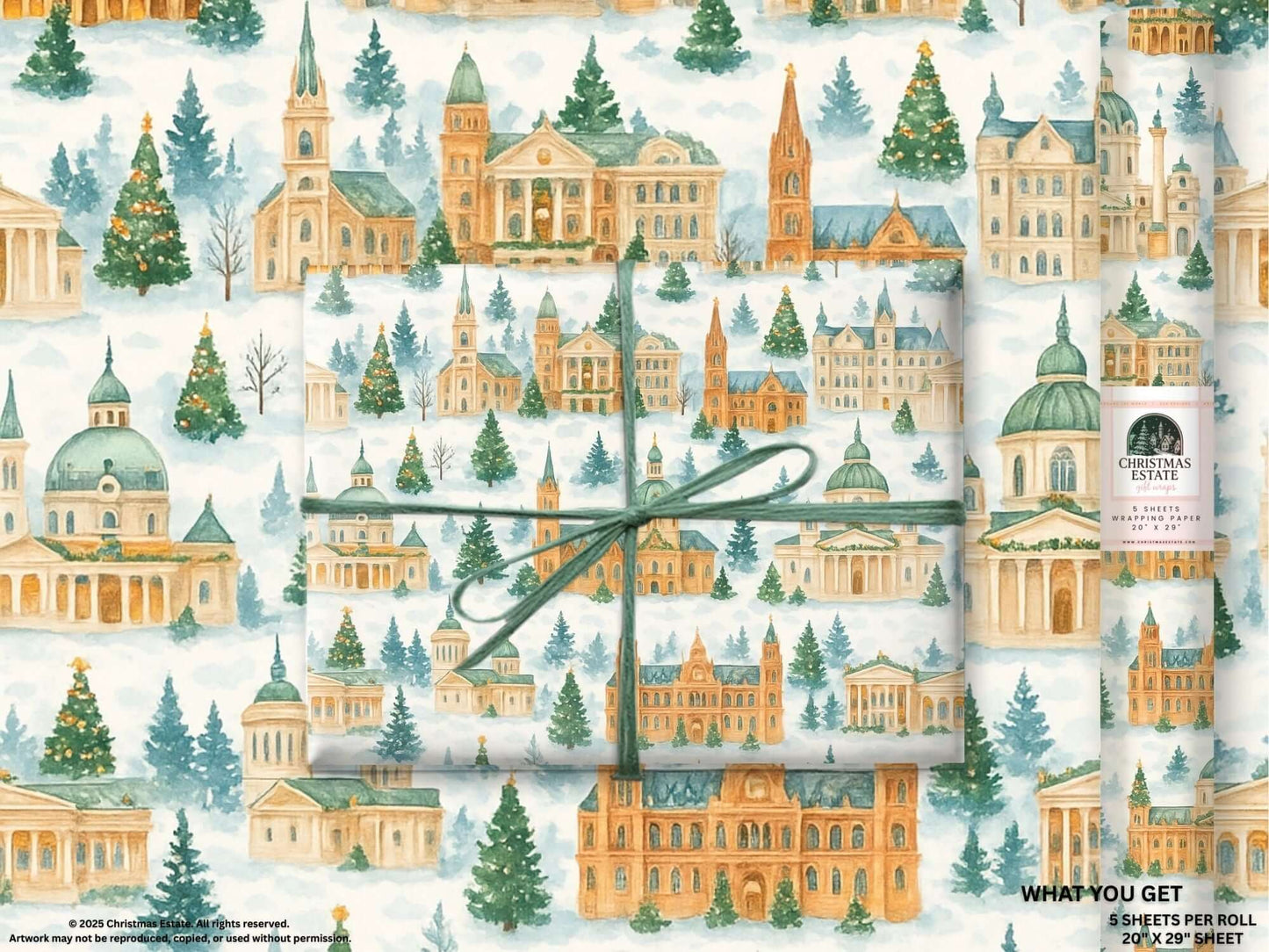 Luxury Christmas wrapping paper featuring a watercolor design of festive winter scenes with snow-dusted buildings and trees.