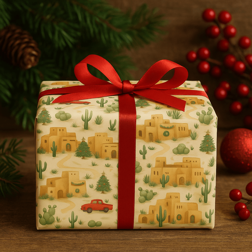 Adobe Pueblo Christmas wrapping paper featuring adobe homes, cacti, and red truck, perfect holiday gift wrap.