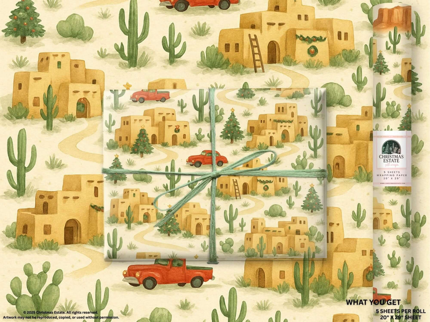 Adobe pueblo Christmas wrapping paper featuring cacti, homes, and festive trees in watercolor design.