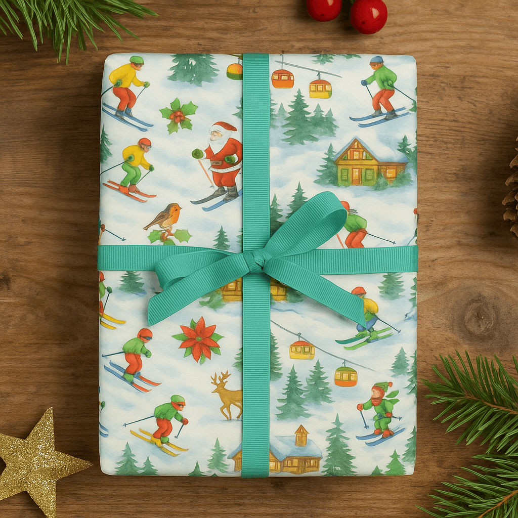 Luxury Christmas wrapping paper featuring watercolor skiers, Santa, and festive cabins in an alpine scene.
