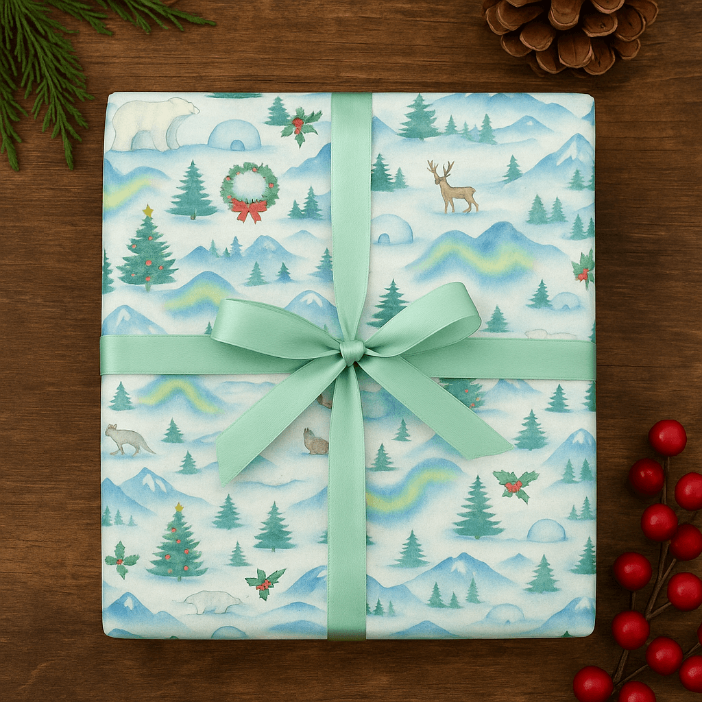 Luxury Christmas wrapping paper featuring watercolor Arctic wildlife and festive designs, tied with a mint green ribbon.