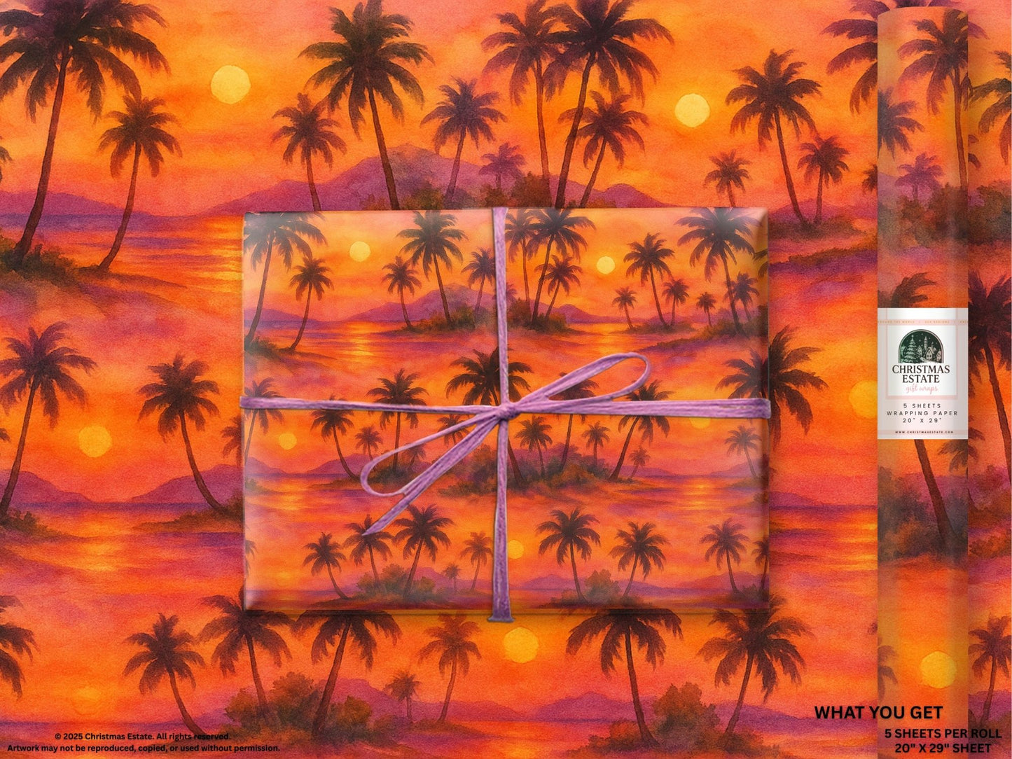 Luxury Christmas wrapping paper featuring vibrant watercolor sunset with palm trees and ocean reflections.