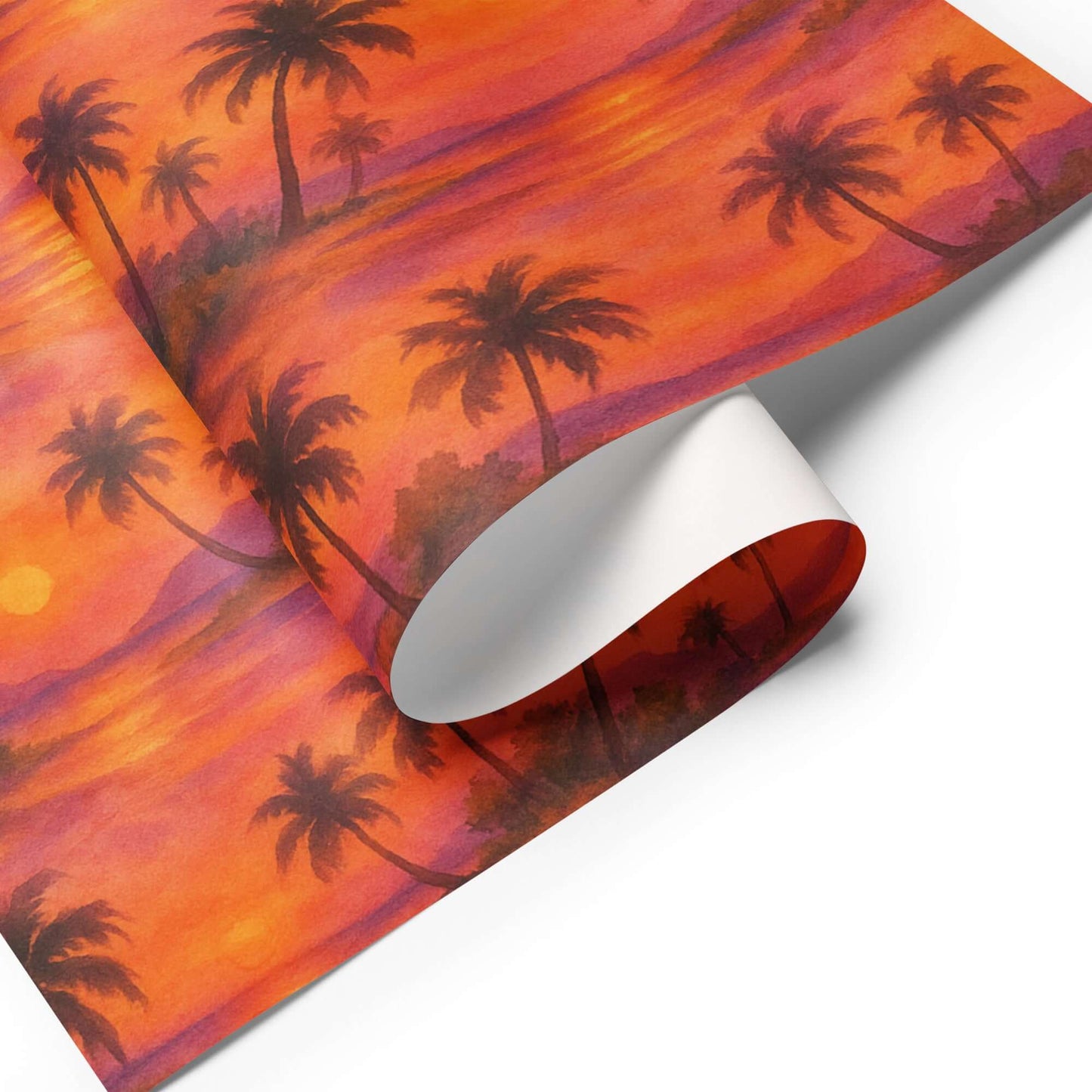 Luxury Christmas wrapping paper featuring vibrant watercolor tropical sunset with palm trees.