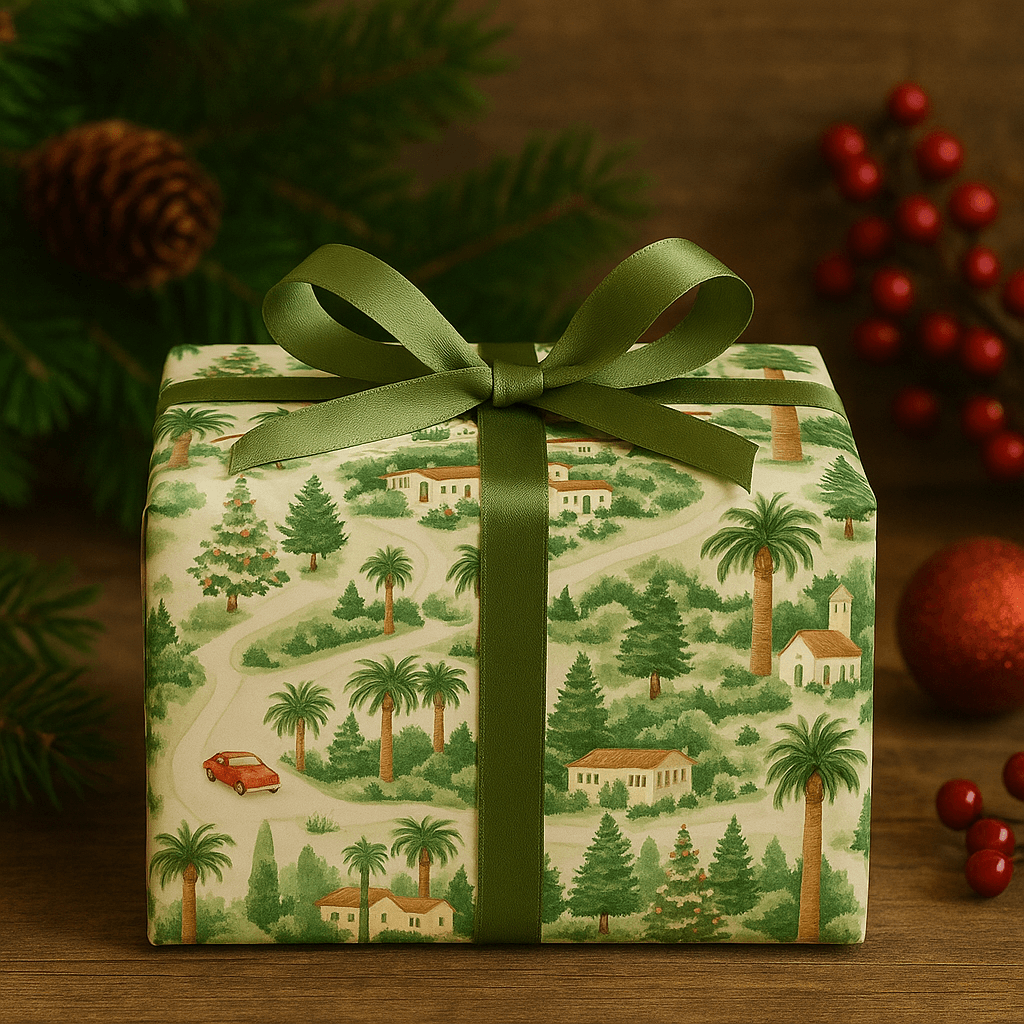 Luxury Christmas wrapping paper featuring watercolor Mediterranean homes, palm trees, and winding roads, perfect for holiday gift wrap.