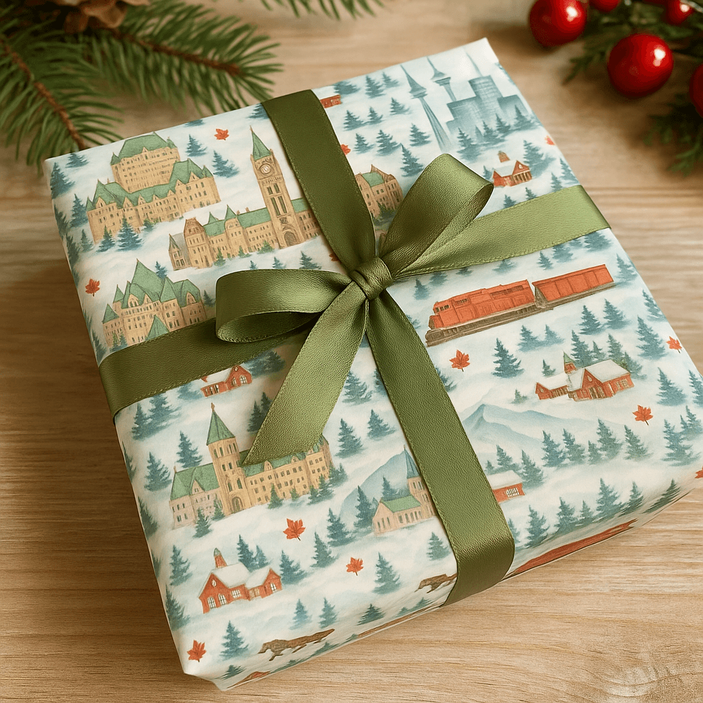 Luxury Christmas wrapping paper featuring watercolor landscapes of Canada with festive motifs.