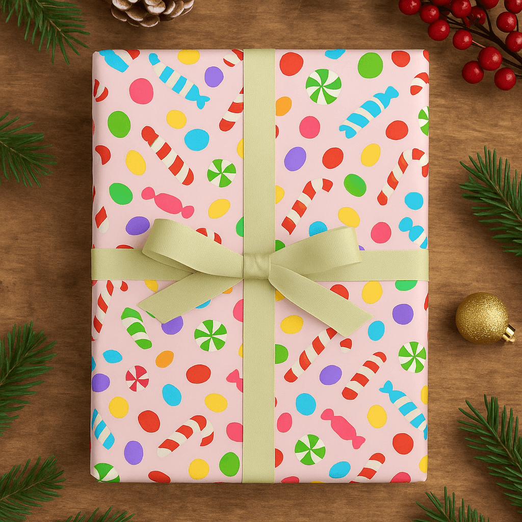Luxury Christmas wrapping paper with colorful candy designs on a gift box, featuring a pastel background and matte finish.