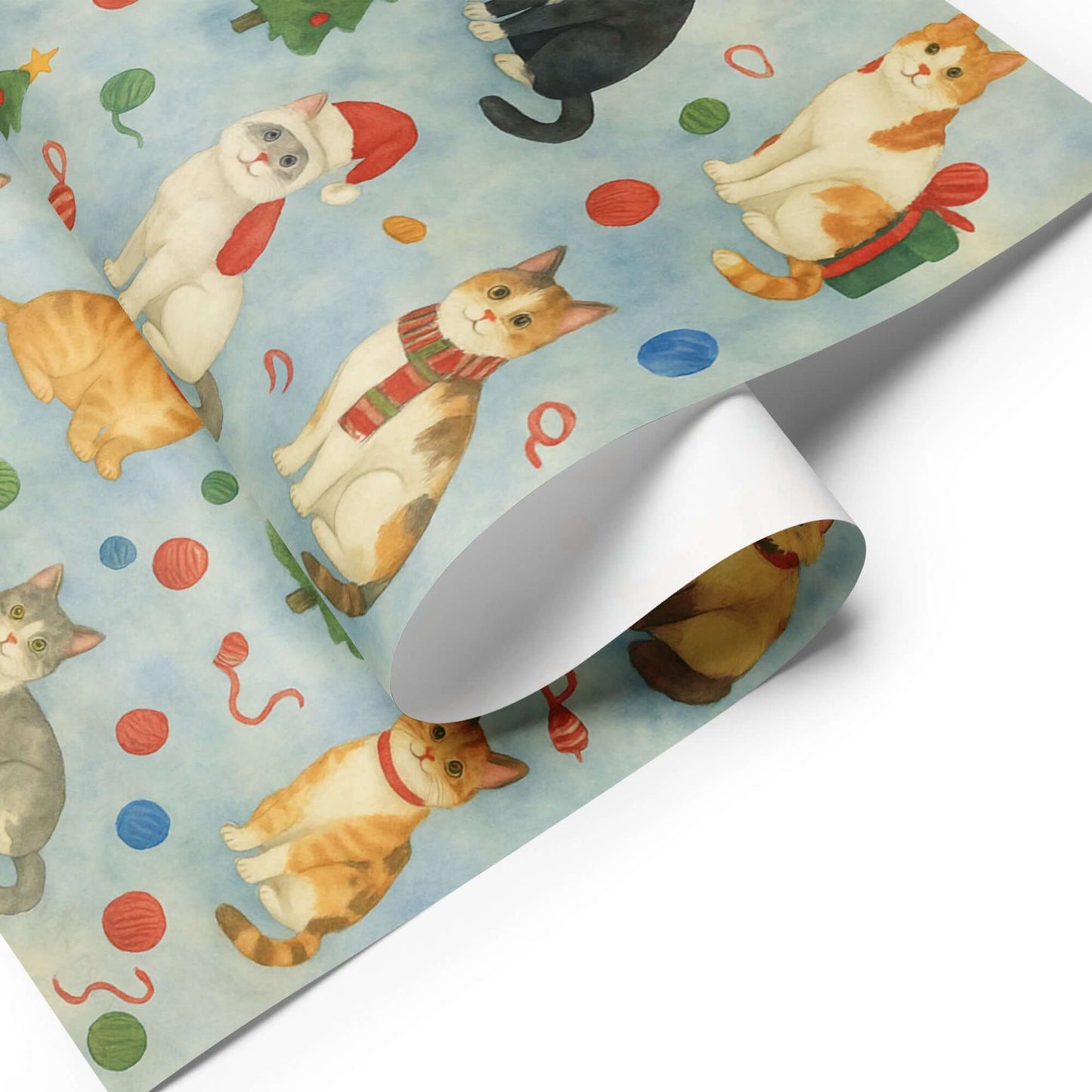 Watercolor Christmas cats wrapping paper featuring playful felines in festive scarves and holiday ornaments, made in USA.