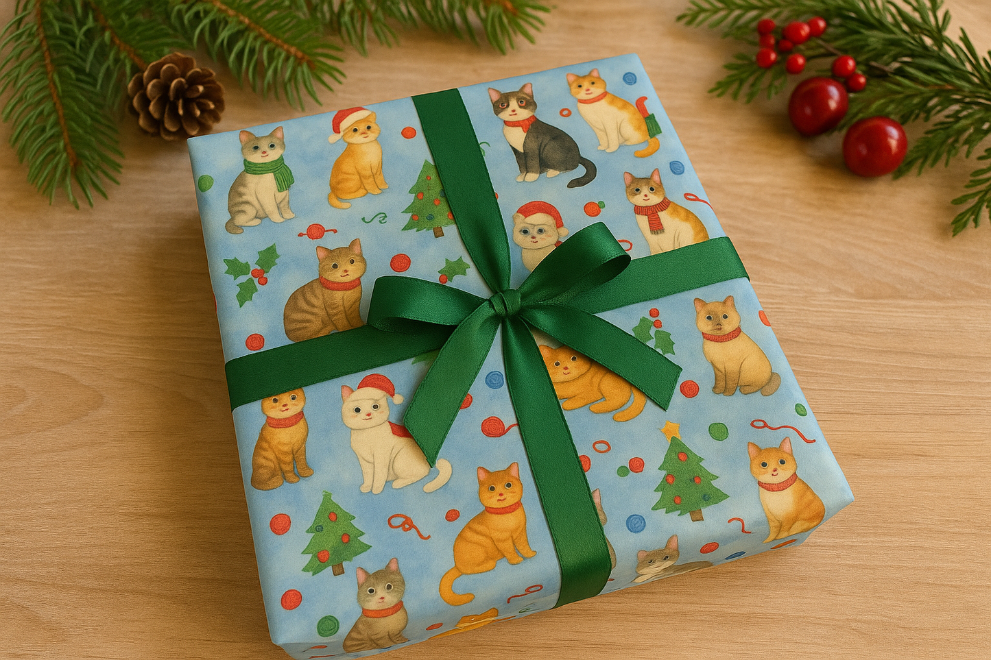 Luxury Christmas wrapping paper featuring playful cats in festive scarves, perfect for holiday gift wrap.
