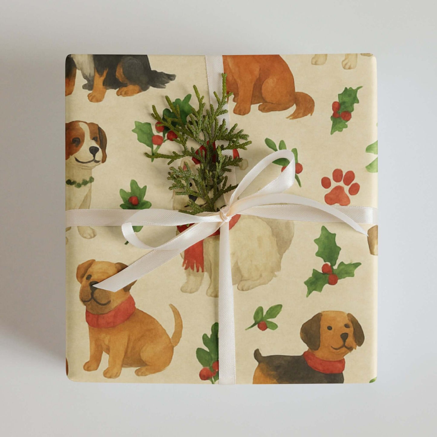 Luxury Christmas wrapping paper featuring watercolor dogs, holly, and festive paw prints, styled with a sprig for holiday cheer.