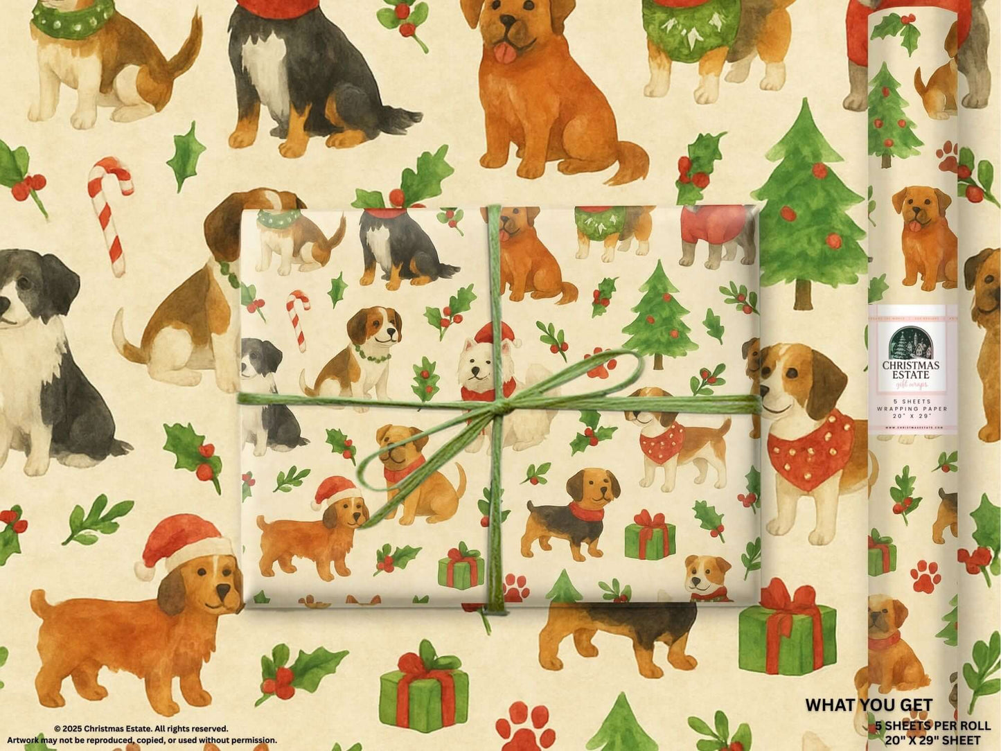 Luxury Christmas wrapping paper with watercolor dogs, trees, and holiday decorations, perfect for festive gift wrapping.