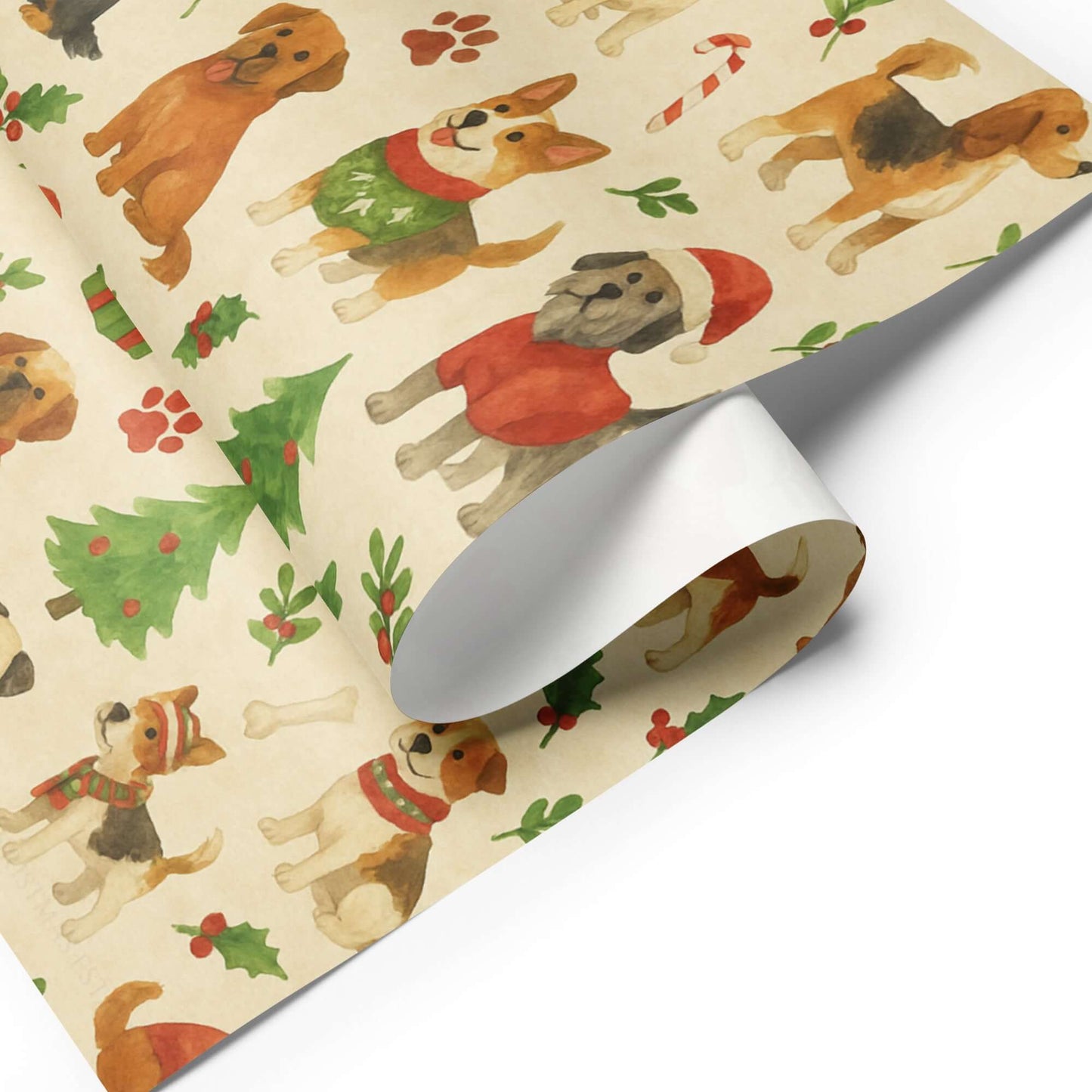 Luxury Christmas wrapping paper featuring watercolor dogs in festive attire, paws, and Christmas trees.