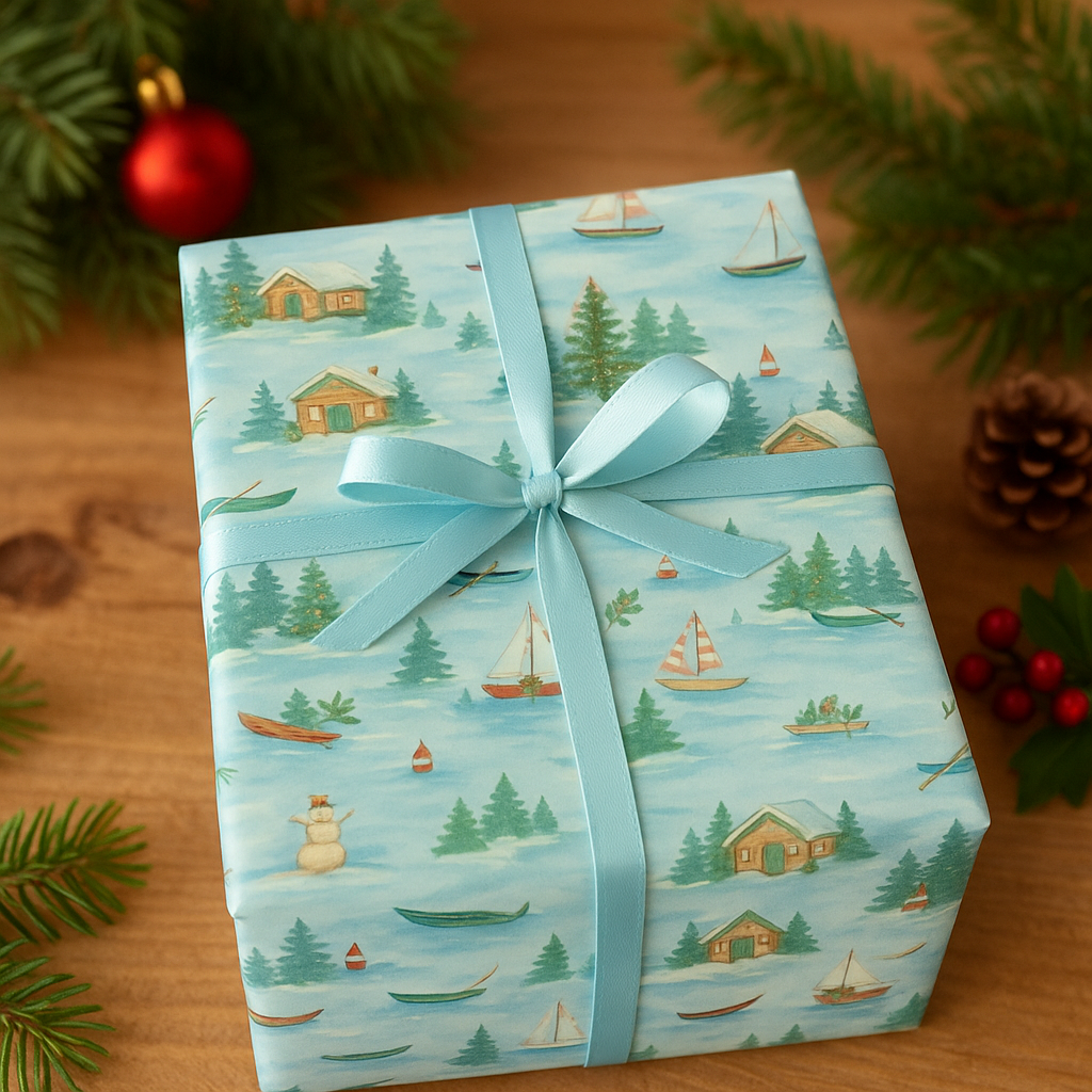 Hand-painted Christmas Lake wrapping paper featuring snowy cabins, boats, and festive snowmen in a watercolor design.