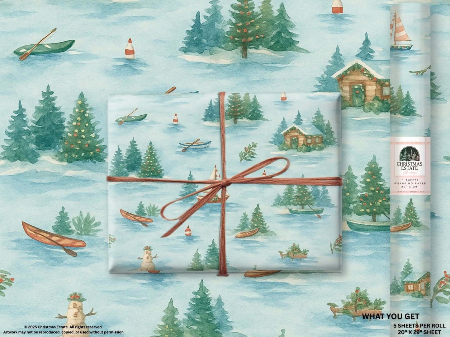 Luxury Christmas wrapping paper featuring a serene lakeside watercolor design with cabins, boats, and snowmen.