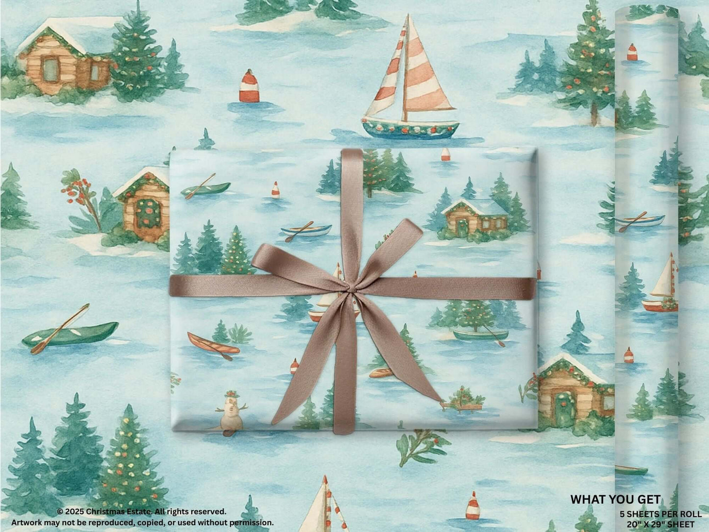Luxury Christmas wrapping paper featuring hand-painted cabins, snowmen, and festive sailboats in serene watercolor design.