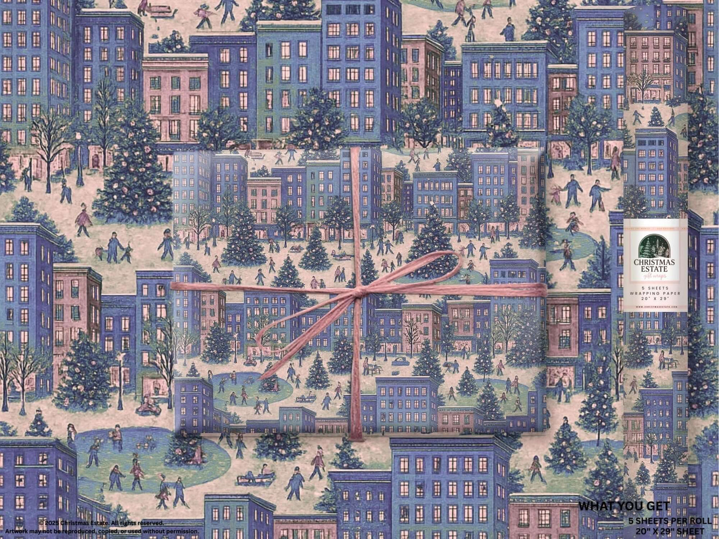 Luxury Christmas wrapping paper featuring vibrant city skyline in watercolor design, perfect for holiday gift wrap.