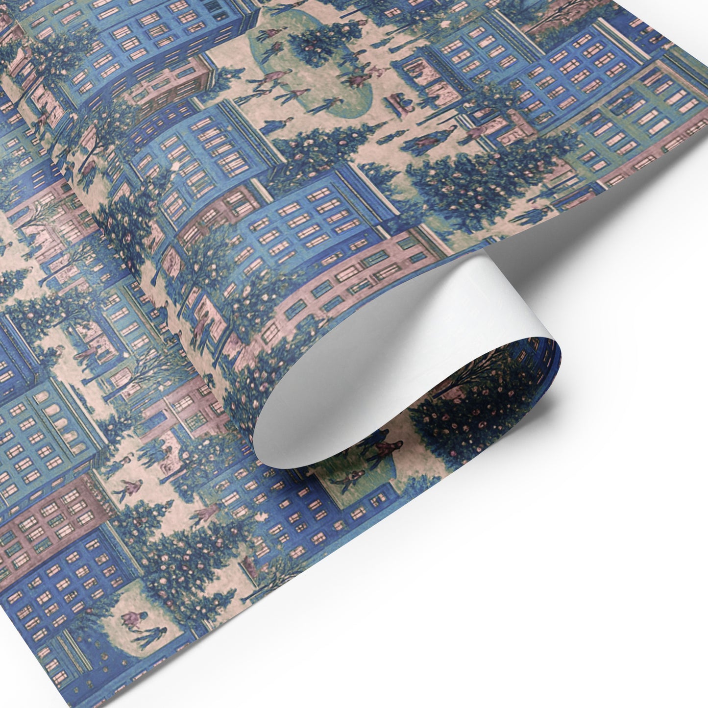 Luxury Christmas wrapping paper featuring colorful city skylines, snowy streets, and festive decorations in watercolor design.