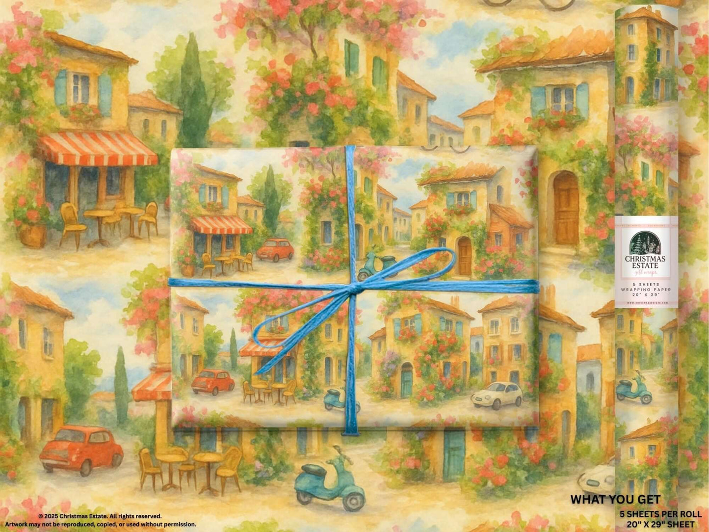 Luxury Christmas wrapping paper featuring a watercolor design of European bistros and townhouses.