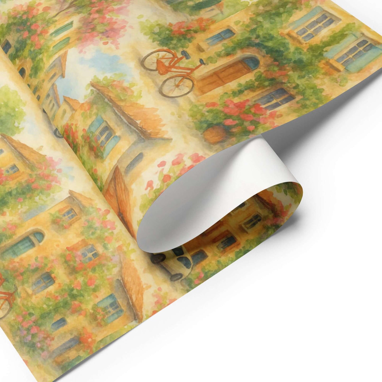 Luxury Christmas wrapping paper featuring a watercolor design of European bistros with vibrant flowers and bicycles.