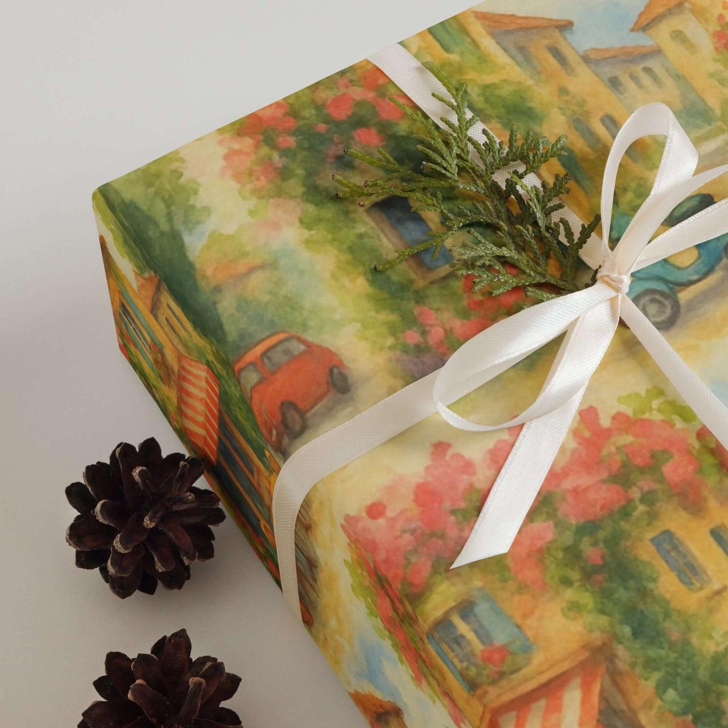 Watercolor European Bistro wrapping paper with floral design and ribbon, ideal for luxury holiday gift wrap.