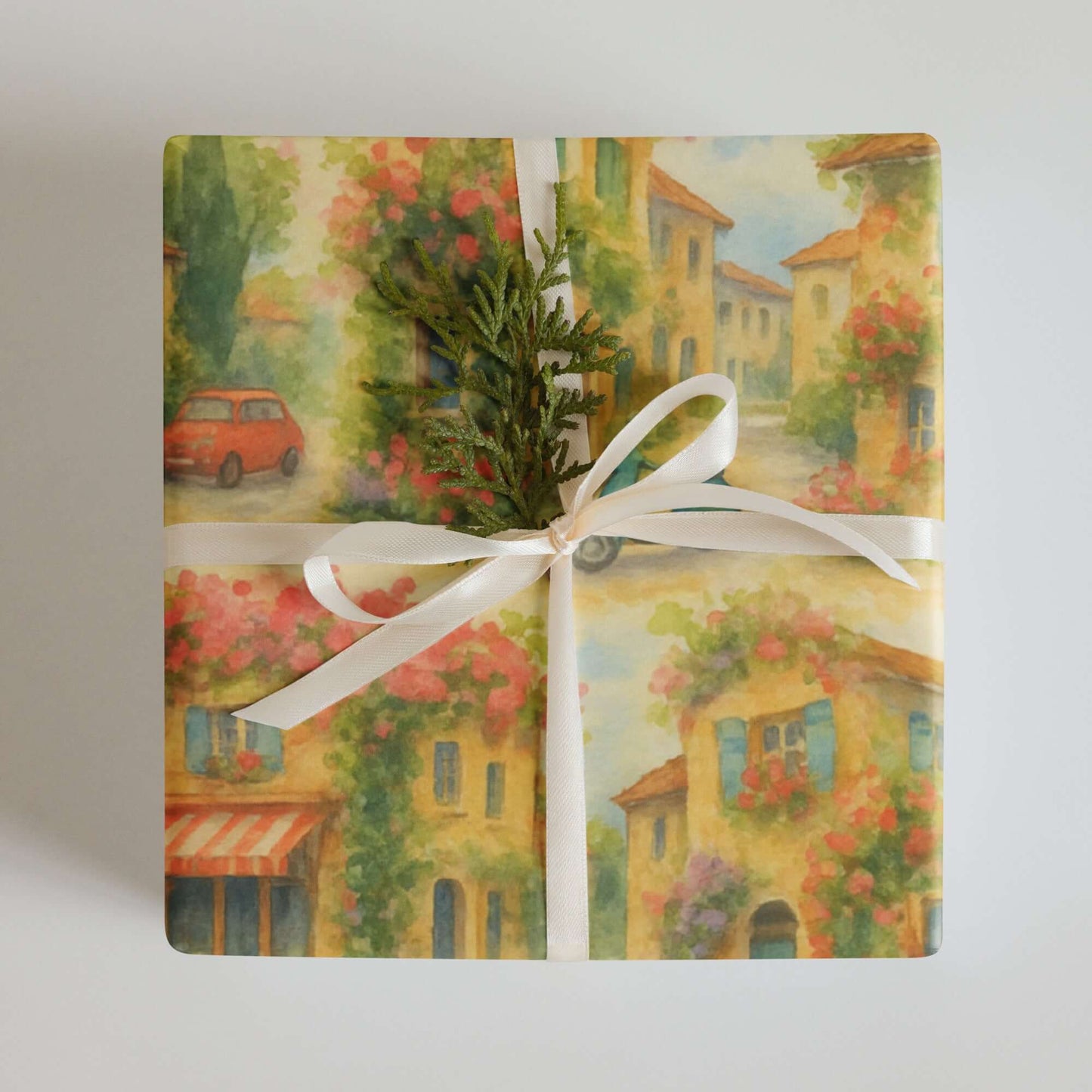 Luxury Christmas wrapping paper featuring a watercolor design of European bistro charm, adorned with fresh greenery.